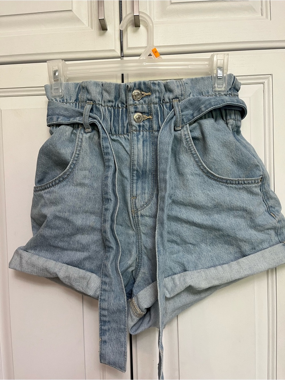 Zara Light Blue High Waist Paperbag Denim Shorts with Tie Belt